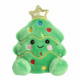 Green tree plush with ornaments, gold garland, rosy cheeks, and a yellow star